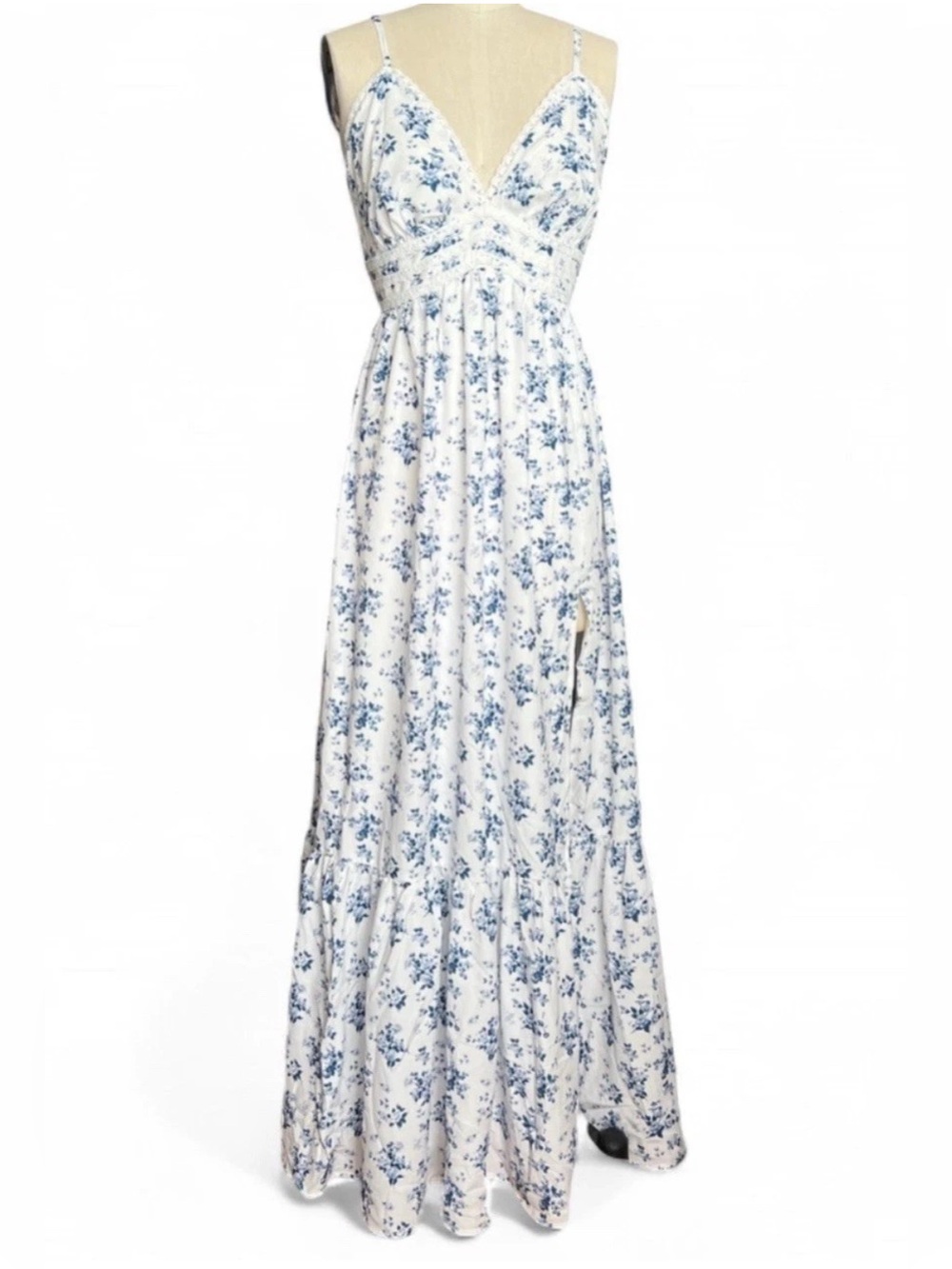 Blue & White Floral Maxi Dress with Tiered Skirt & Lace Trim NWT